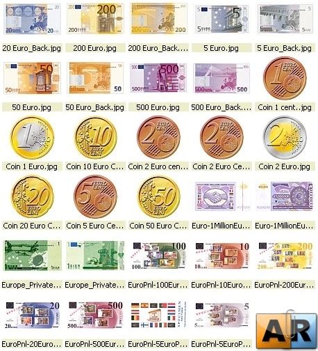 Евро Eur купюры и монеты Как выглядят фото