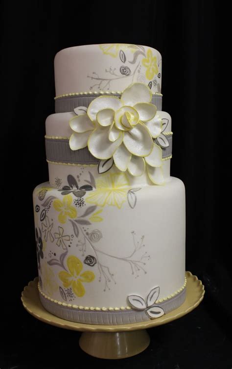 Gray Yellow Flower Weddingmed Cake Elegant Wedding Cakes Painted