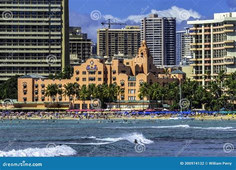 Colorful Hotels Swimmers Surfers Waikiki Beach Honolulu Hawaii Stock