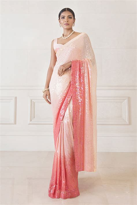 Buy Manish Malhotra Pink Chiffon Sequin Embellished Saree With Blouse