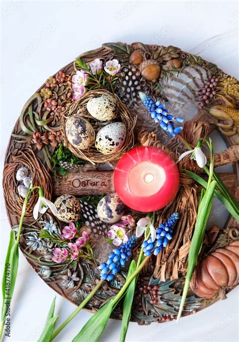 Wiccan Altar For Spring Ostara Sabbath Wheel Of The Year With Candle