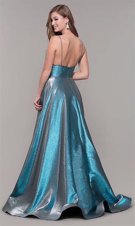 Long Iridescent V Neck Prom Dress By Ashleylauren Metallic Prom Dresses Fancy Dresses Party