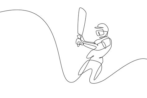 Single Continuous Line Drawing Of Young Agile Man Cricket Player Swing