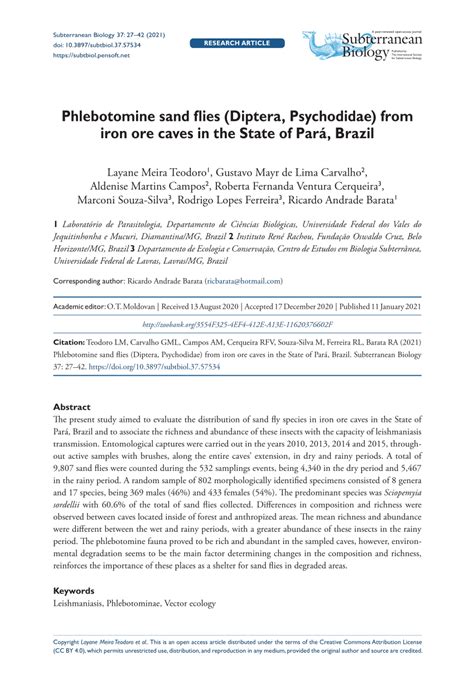 PDF Phlebotomine sand flies Diptera Psychodidae from iron ore caves in the State of Pará