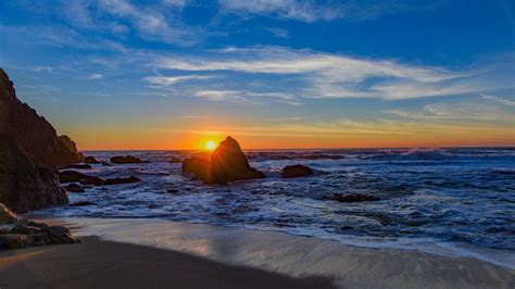 Wallpaper Sea Rocks Beach Waves Sunset 5120x2880 Uhd 5k Picture Image