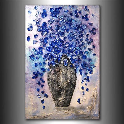 Textured Blue Flowers Bouquet In Vase Contemporary Abstract Painting By