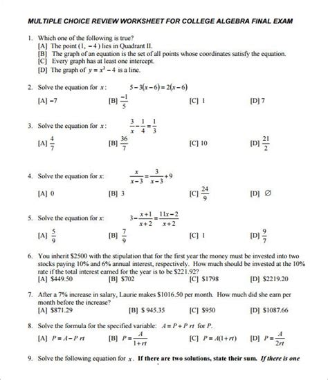 10 College Algebra Worksheet Templates Free Word And Pdf