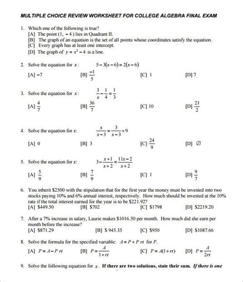 Students do not need to use any steps to isolate the variable. 10+ College Algebra Worksheet Templates - Free Word & PDF Documents Download | Free & Premium ...