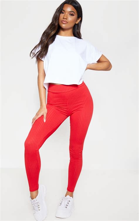 red ribbed high waisted leggings prettylittlething usa