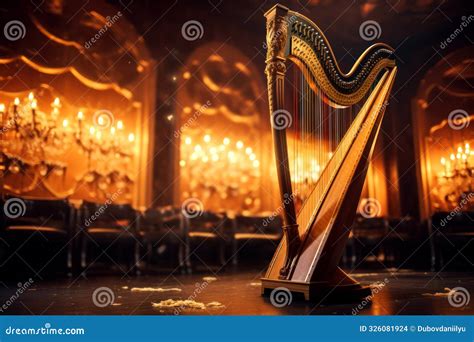 Musical Instrument Harp With Strings In Beautiful Dark Hall Close Up