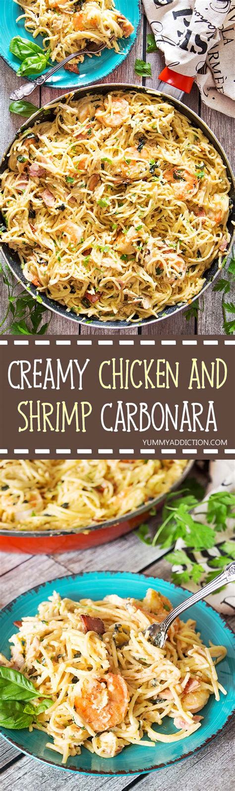 Creamy Chicken And Shrimp Carbonara Recipe Yummy Addiction