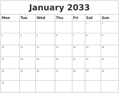 January 2033 Blank Calendar