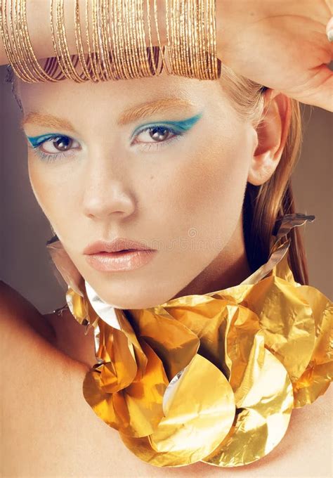Fashion Portrait Of Glamour Model Girl With Blue And Golden Make Stock Image Image Of Glamour