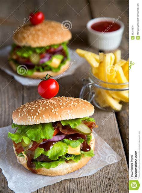 Two Hamburgers With French Fries Stock Image Image Of Onion