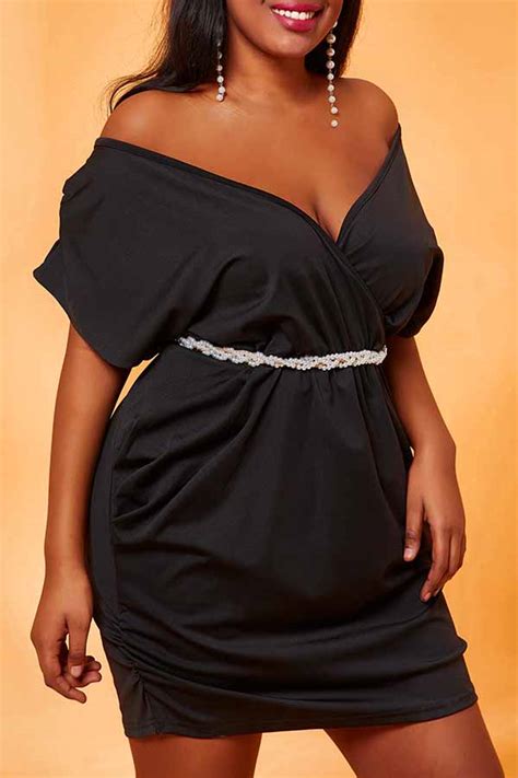 Lovely Casual V Neck Black Plus Size Mini Dresslw Fashion Online For