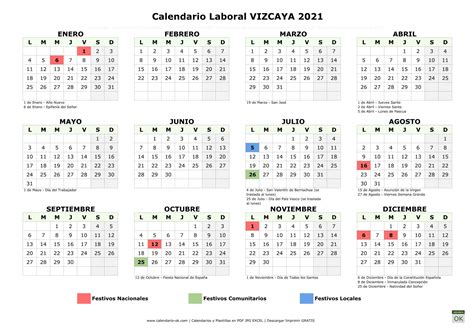 Consulte el calendario laboral de derio con los días festivos de 2021. Calendario Laboral 【VIZCAYA 2021】 para IMPRIMIR