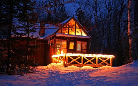 Wallpaper Lights Forest Night Snow Winter House