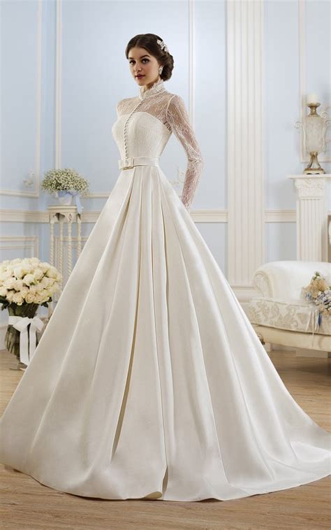 Ball Gown Long High Neck Long Sleeve Illusion Satin Dress With Lace