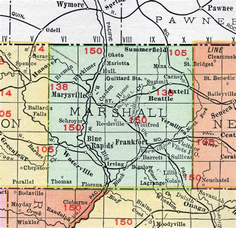Marshall County Kansas 1911 Map Marysville Blue Rapids Frankfort