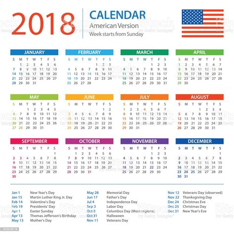 Calendar 2018 American Version With Holidays Stock Illustration