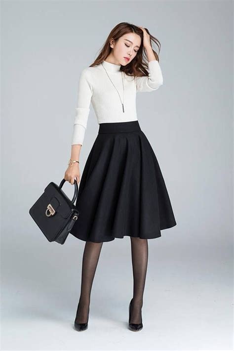 Black Wool Circle Skirt Midi Winter Skirt Skater Skirt Knee Length