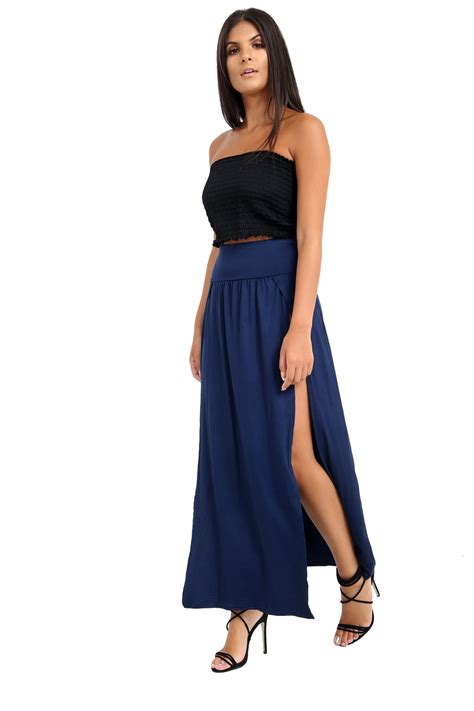 new ladies plain double split high waist side slit basic summer long maxi skirt ebay