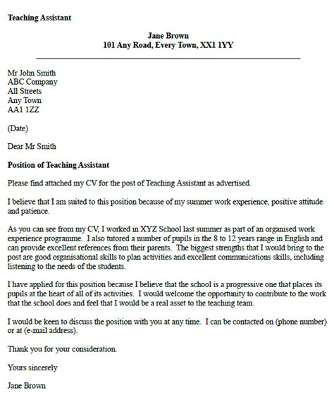 This may be collected through your curriculum vitae, application letter, and/or interview. Teaching Assistant Cover Letter Example - icover.org.uk