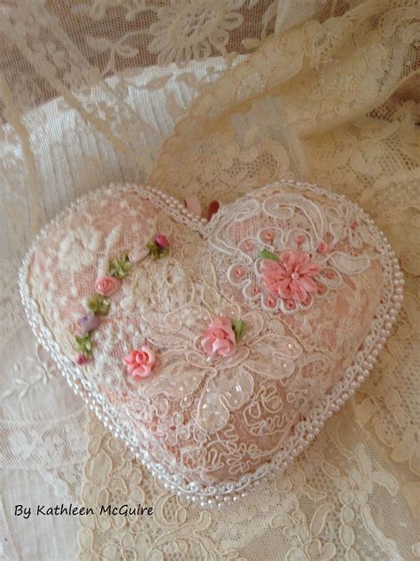 Mixed Lace Heart With Ribbon Accents Fabric Hearts Shabby Chic