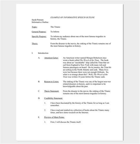 Public speaking teachers especially believe in the power of organizing your speech, which is why they encourage (and often require) that you create an outline in appendix b, the preparation outline is condensed into just a few short key words or phrases that will remind speakers to include all of their. Sample Informative Speech Outline Template for PDF | Outline Templates - Create a Perfect ...