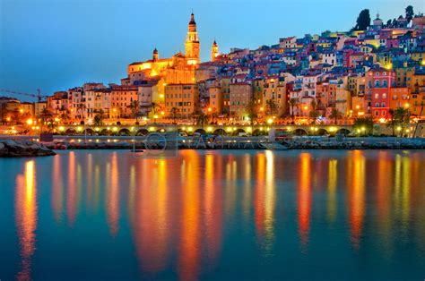 Royalty Free Image Menton Provence Village At Night With Water