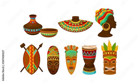 authentic tribal african attributes vector set african traditions and culture concept stock