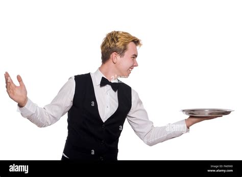 Waiter Holding Plate Isolated On White Stock Photo Alamy
