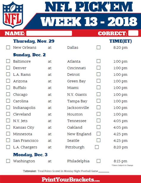 NFL Week 13 Pick Em Sheet In Color Nfl Fantasy Football Nfl Week 1