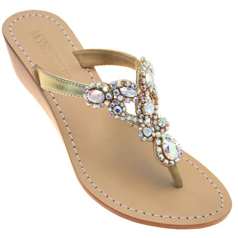 Womens Jeweled And Embellished Wedge Leather Sandals Mystique Sandals