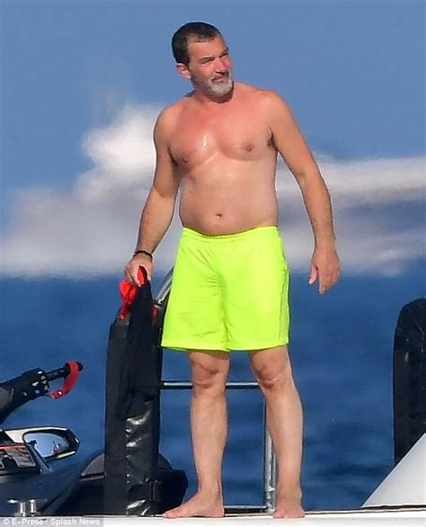 Antonio Banderas Shirtless In A Pair Of Neon Swimming Trunks Daily