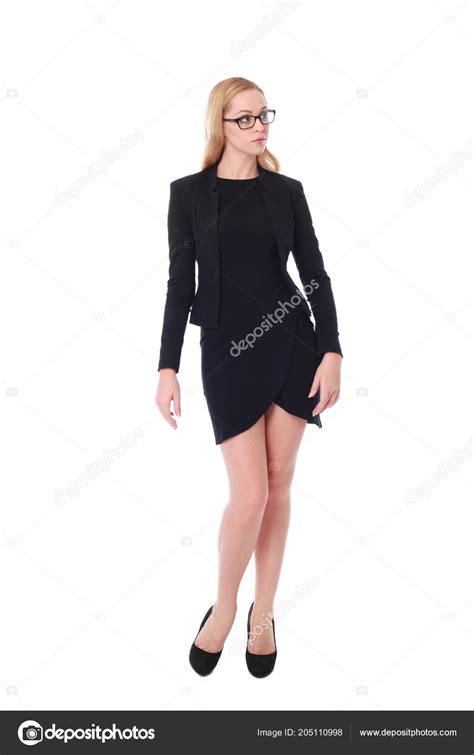 Full Length Portrait Attractive Professional Woman Wearing Black Dress