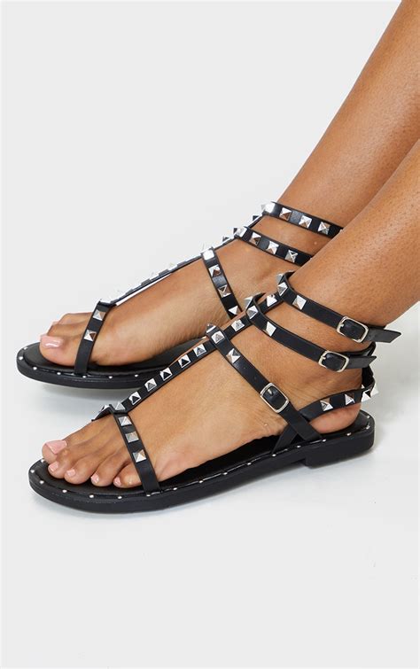 Black Pu Studded Gladiator Sandals Shoes Prettylittlething Ire