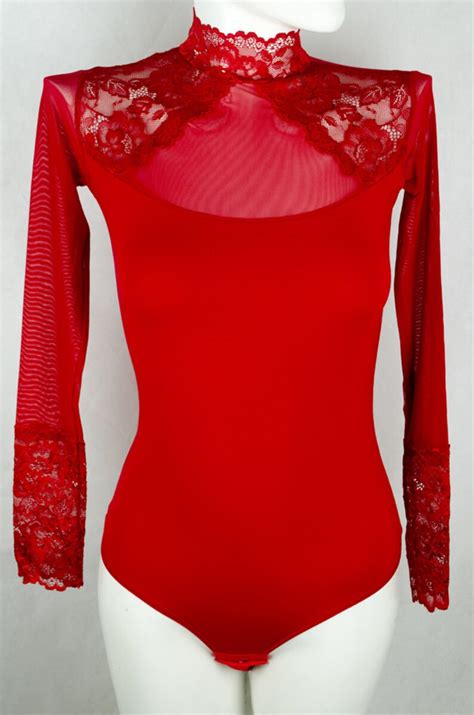 Long Sleeve Lace Red Bodysuit Top Blouse Leotard Turtleneck Etsy