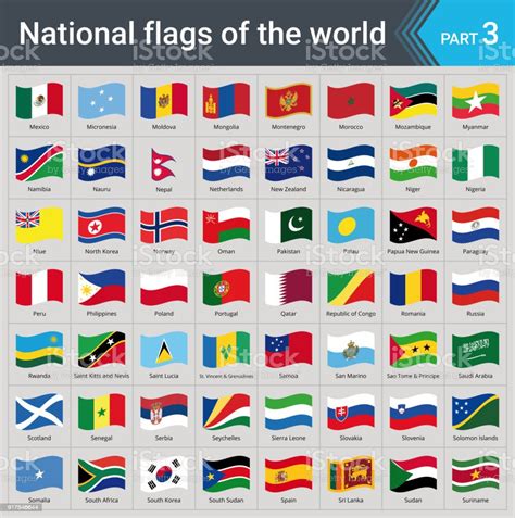 Alla Nationella Världen Vajande Flaggor Med Namn Hög Kvalitet Vektor