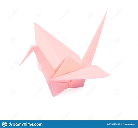 Origami Art Beautiful Pale Pink Paper Crane Isolated On White Stock