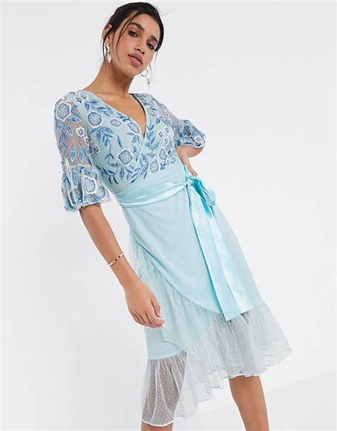 Frock And Frill Fluted Sleeve Embellished Midi Dress In Blue Asos