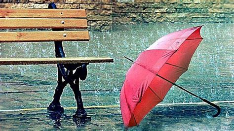 Red Umbrella Near A Bench Rainy Day Wallpaper Download 1600x900