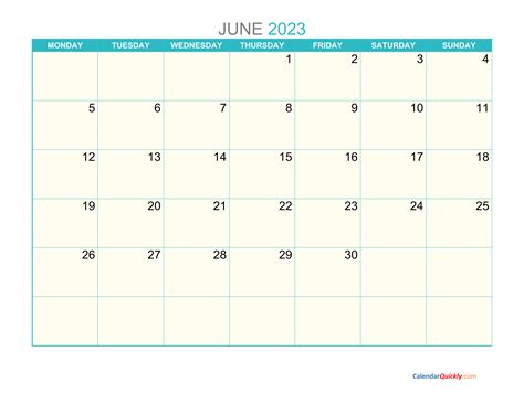 June Monday 2023 Calendar Printable Calendar Quickly