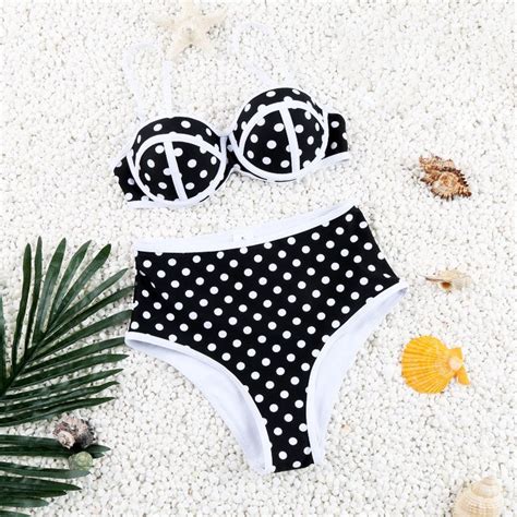 Black Polka Dots Bikini Womens Swimwear Women Bikini Push Up Swimsuit