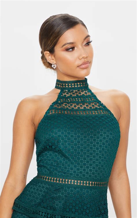 Emerald Green Lace Panel Tiered Bodycon Dress Prettylittlething Ie