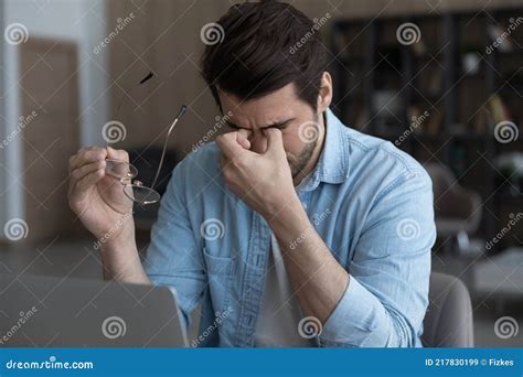 Close Up Tired Businessman Taking Off Glasses Computer Vision Syndrome