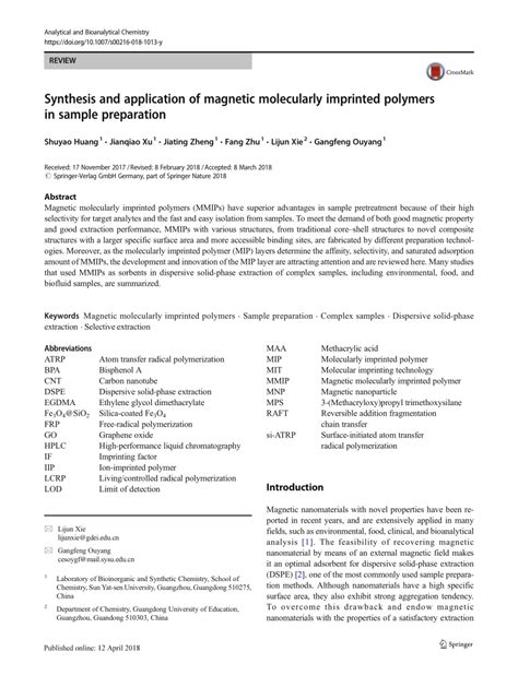 Pdf Synthesis And Application Of Magnetic Molecularly Imprinted