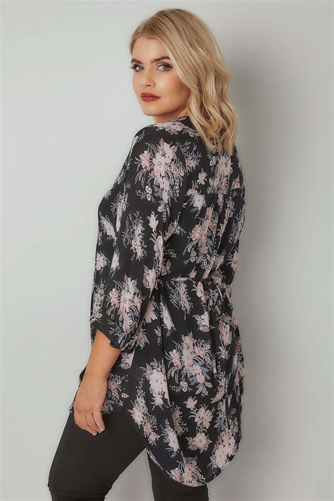 Black And Multi Floral Pintuck Longline Blouse With Beading Detail Plus