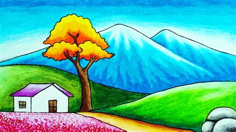 How To Draw Easy Scenery Of Mountain Hills House And Flowers Field