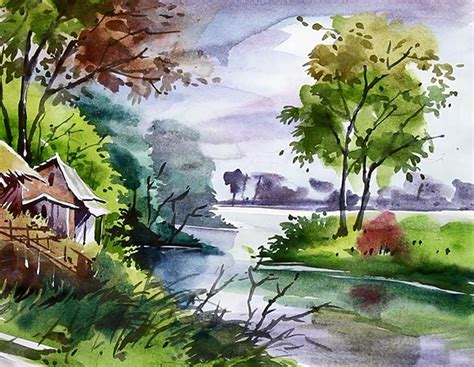 Watercolor Landscape Nature Scenery Village Painting Rwatercolor